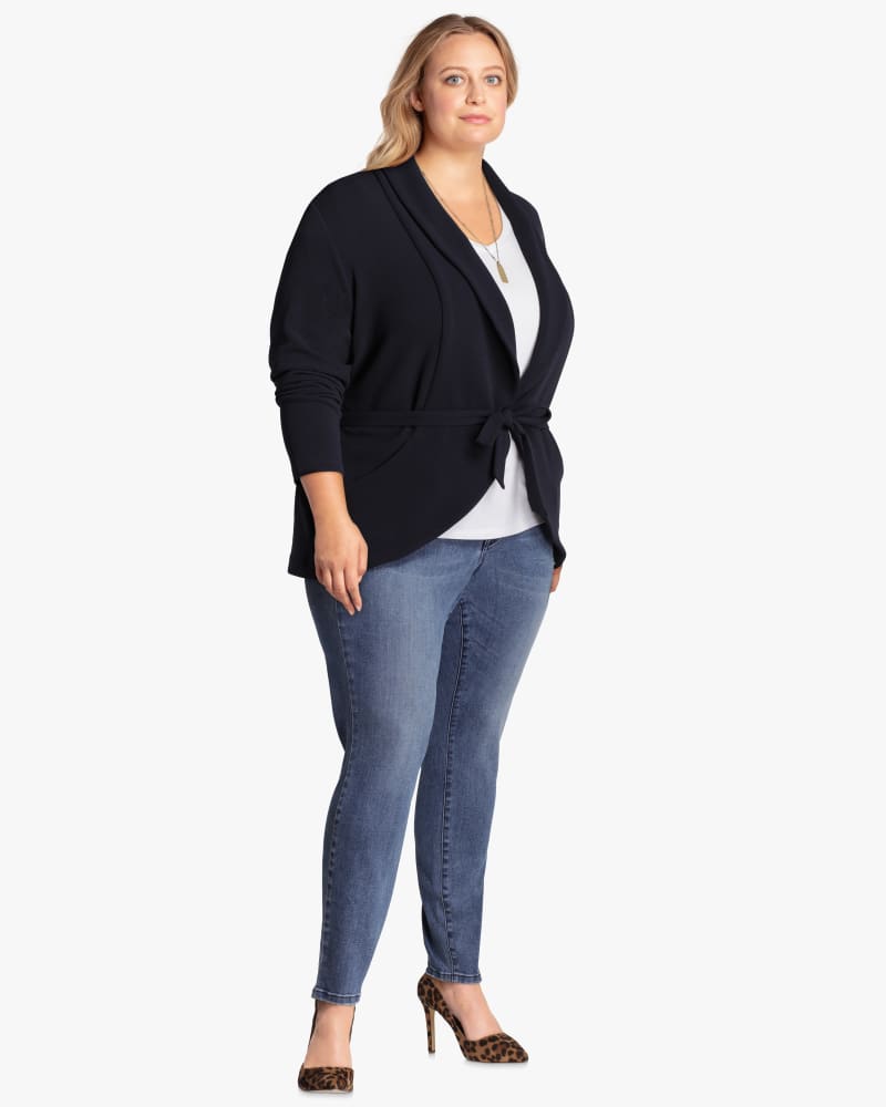Plus size model with hourglass body shape wearing Fiona Soft Knit Jacket by Ryan Wylde | Dia&Co | dia_product_style_image_id:115823